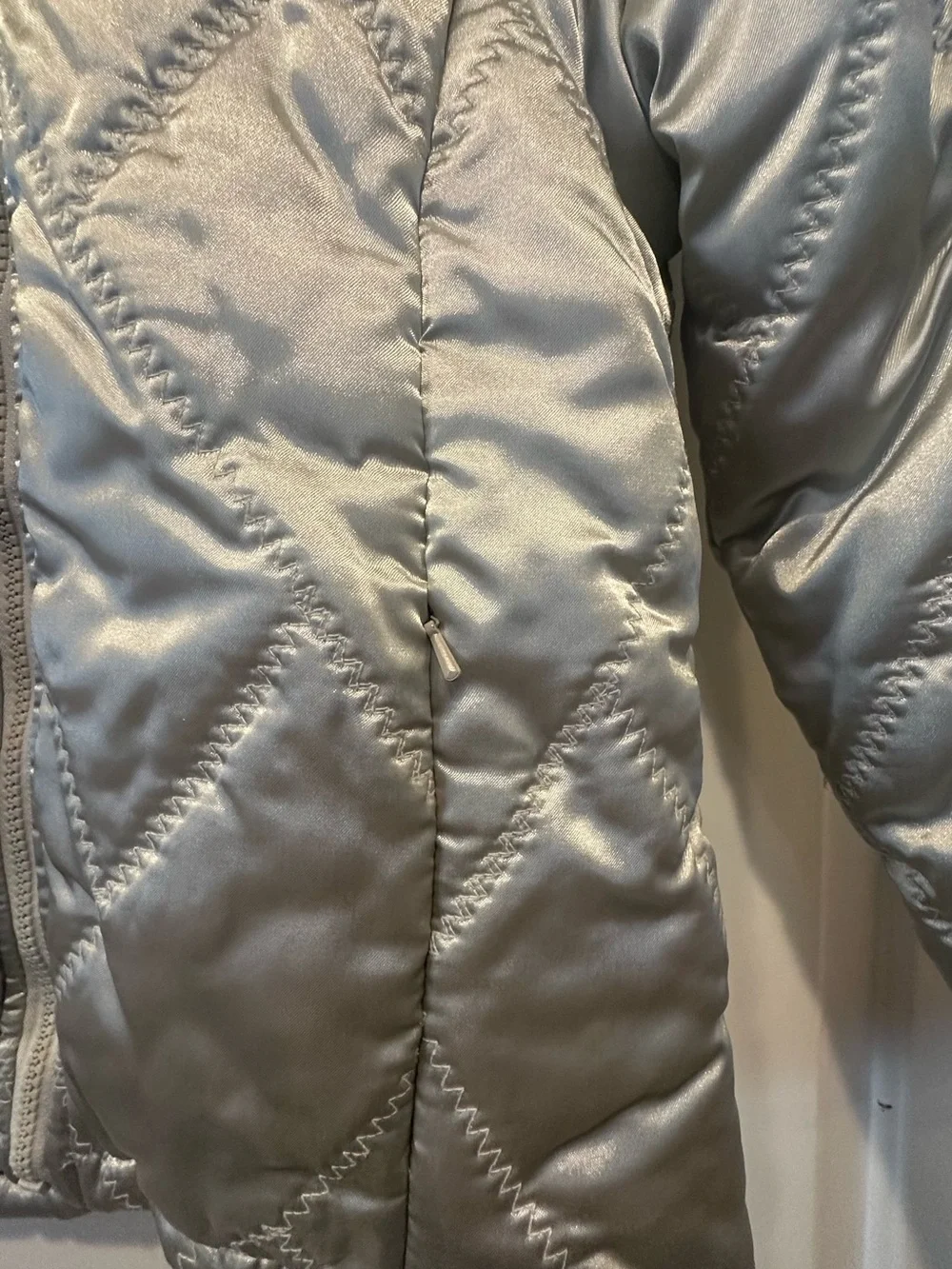 GENERATION Y Shimmery Silver Quilted Puffer with Faux Fur Trim